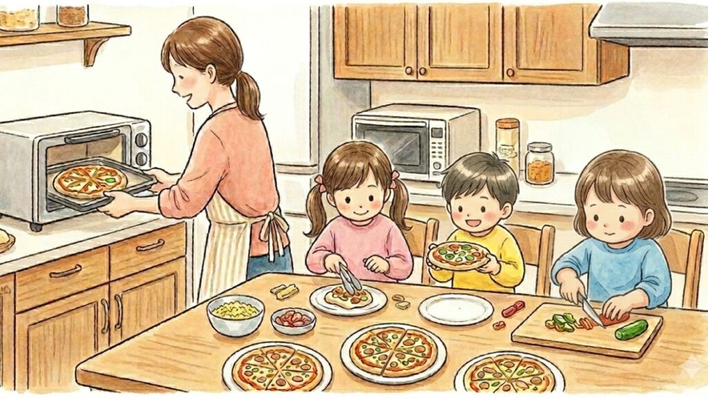 雨の日の室内遊び。子どもたちとピザ作りしている様子。