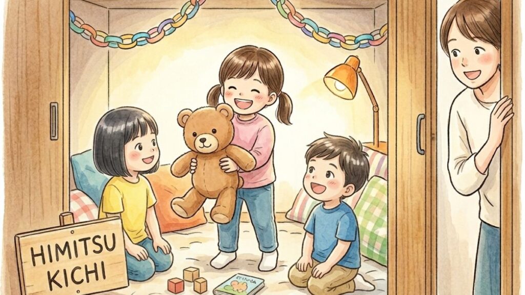 雨の日の室内遊び。押し入れを秘密基地にして遊ぶ子どもたち。