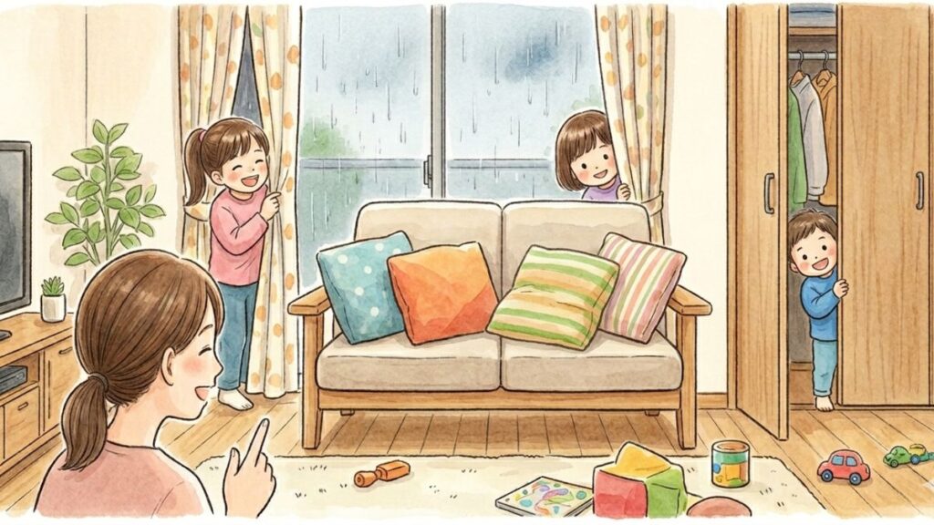 雨の日の室内遊び。子どもたちとかくれんぼして遊んでいる様子。