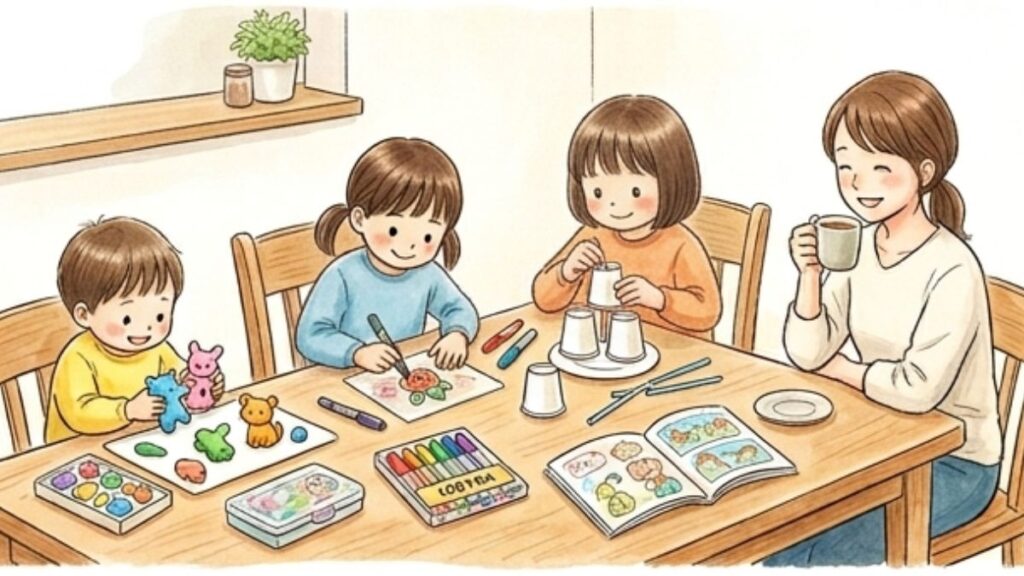 雨の日の室内遊び。粘土・お絵描き・工作で遊ぶ子どもたち。