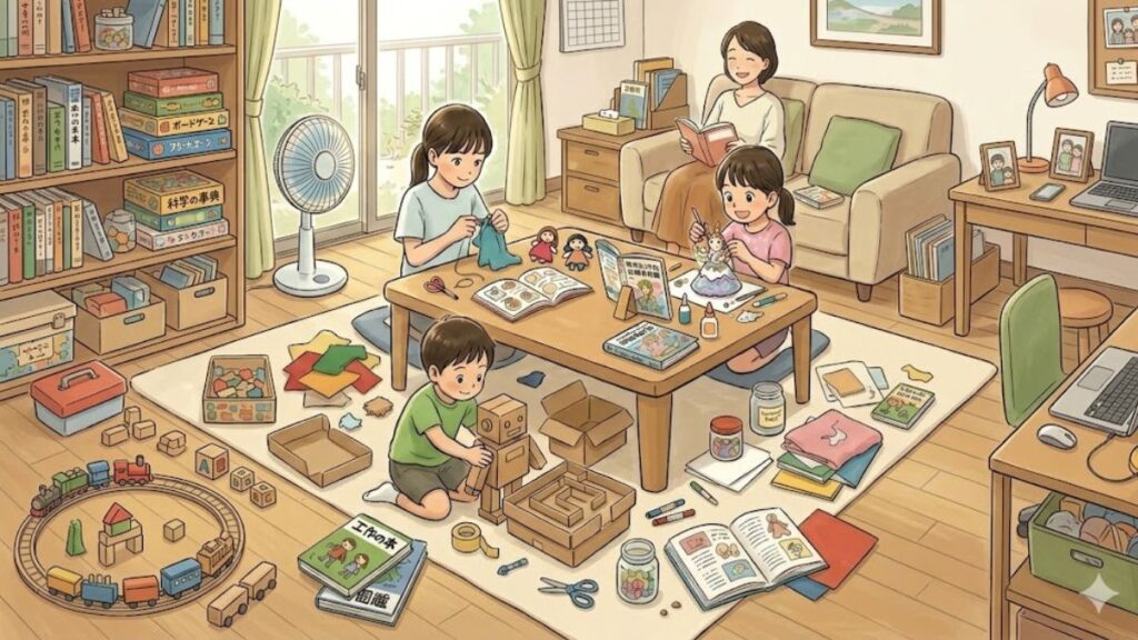 夏休み中、3人の子どもたちがそれぞれ取り組みたい工作などをやっている様子