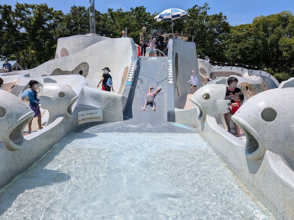 西猪名公園ウォーターランドのウォーターキャッスルで遊ぶ子どもたち