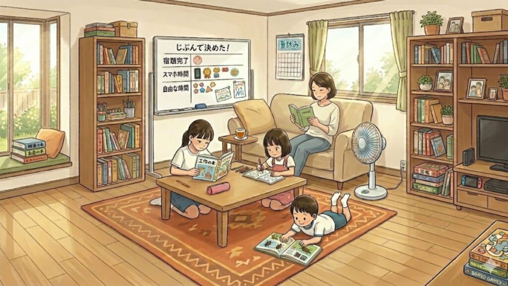 夏休み中、3人の子どもたちが本を読んでいる様子