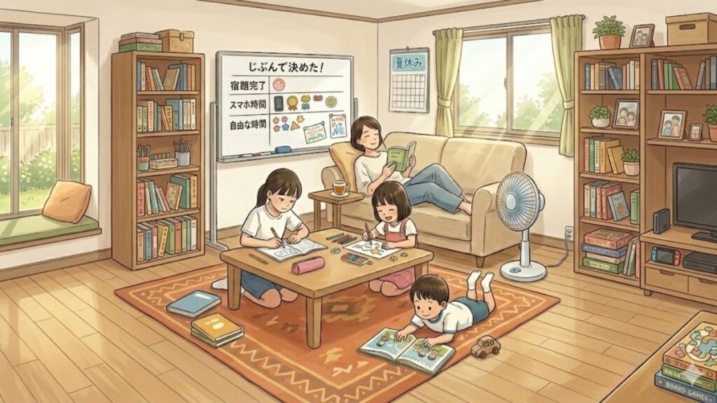 夏休み中 子ども3人が自分たちの決めたスケジュールで過ごしている様子